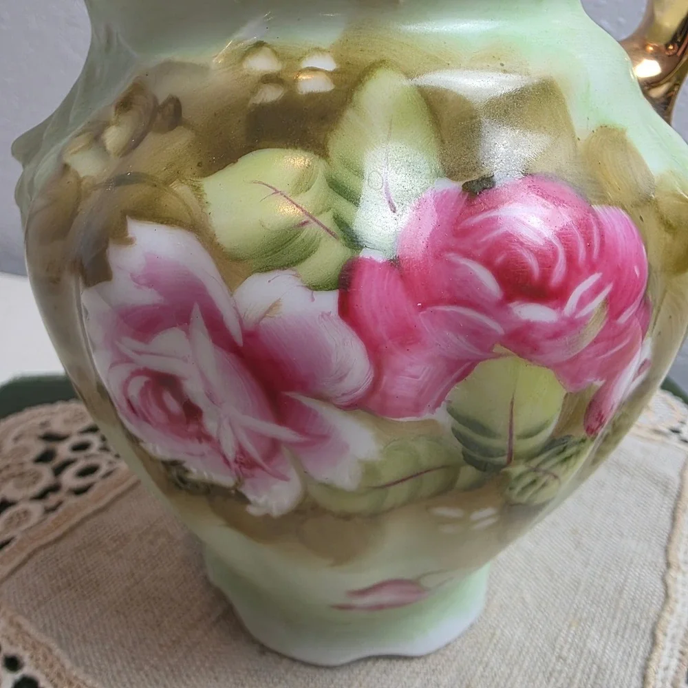 Vintage Lefton Hand‎ Painted Rose Porcelain Pitcher Green Gold Gilt Scallop Rim
